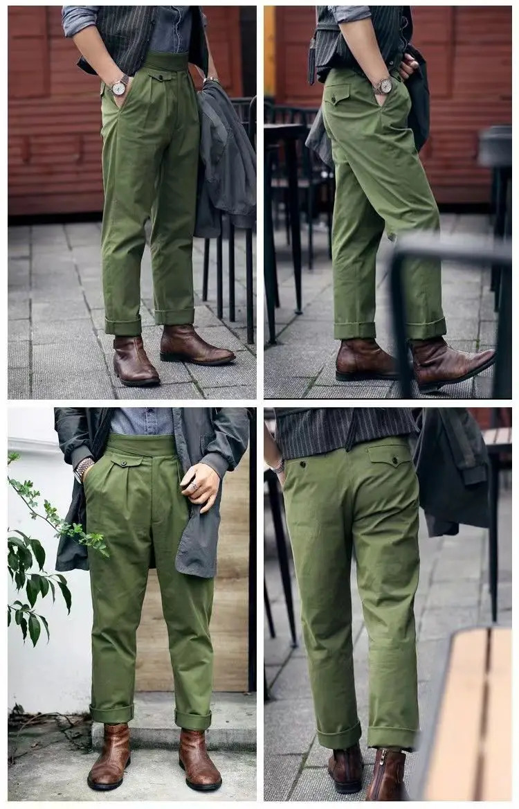 Vintage Green Gurkha Pants For Men Adjustable Waist Buckle Cotton Naples Trousers Fashion Casual Loose AnkleLength Cargo 240806