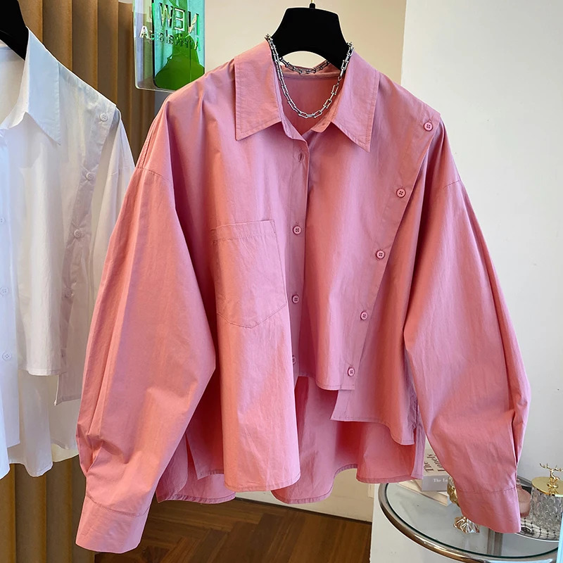 Early Spring Loose Casual Asymmetric Irregular Pink Shirt Women Chic Fashion Short Blouse Solid Color Top 240807