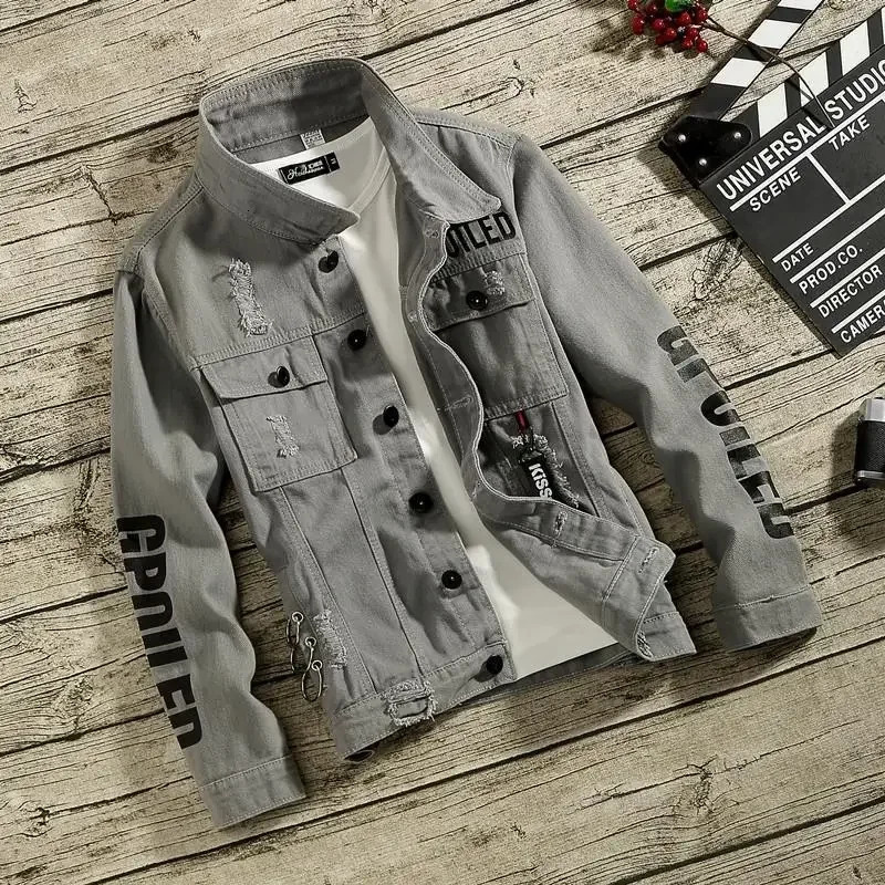 Denim Jackets Man Punk Ripped Jeans Coat for Men Slim Fit with Print Hole Winter Price Stylish on Board Fast Delvery 240806