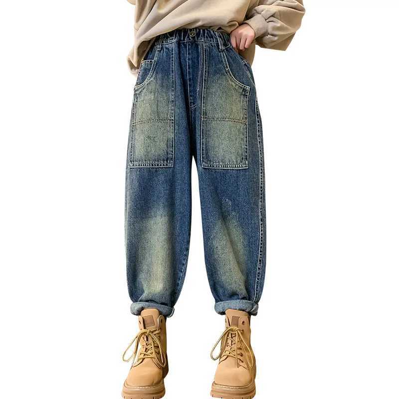 Jeans Teen Girls Jeans New Fashion Spring Fall Soft Denim Harem Pants Letter Print Trousers Kids Elastic Waist Blue Jeans 5 - 16Years