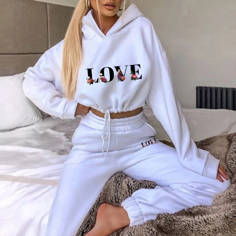 Womens 2 Pieces Suit Drawstring Short Sweatshirts Hooded Print Pullover Tracksuit Set Casual Sweatpants Sports Home Clothing 240807