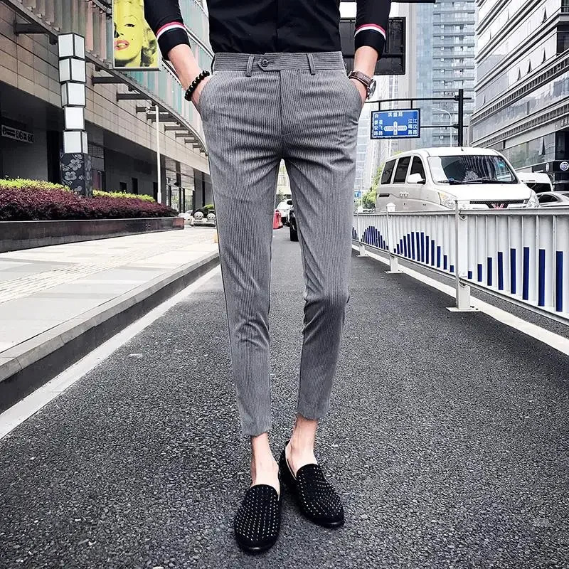 Business Man Suits Pants Striped Gray Trousers for Men Social Tailoring Spandex Up Vintage Korean Style Clothes Reviews Many 240806