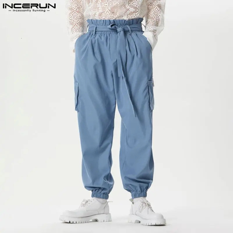 INCERUN Men Cargo Pants Solid Joggers Elastic Waist Trousers With Belt Streetwear Loose Fashion Casual Pantalon S5XL 240806