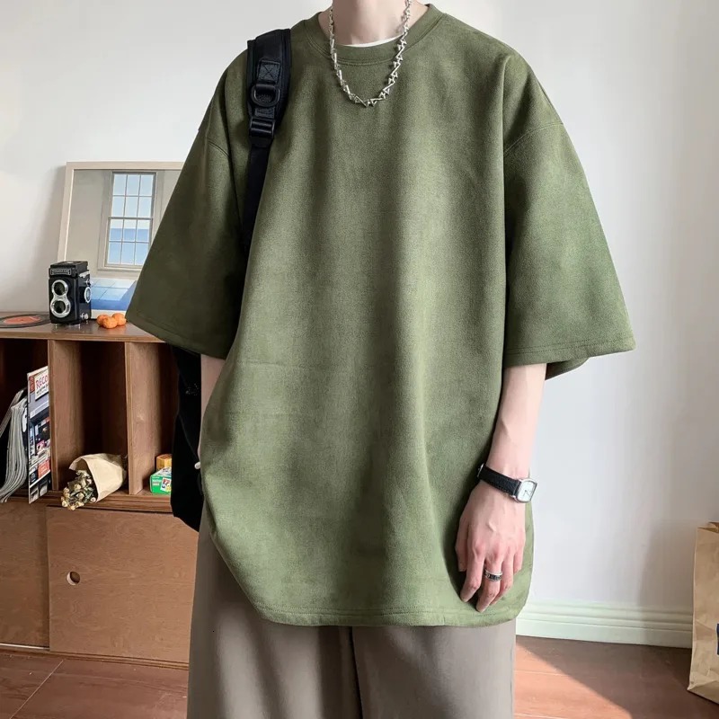 Summer T Shirt Men Oversized Solid Color Retro T Shirt Men Streetwear Hip-hop Loose Short Sleeved T-shirt Mens Suede T shirt 240807
