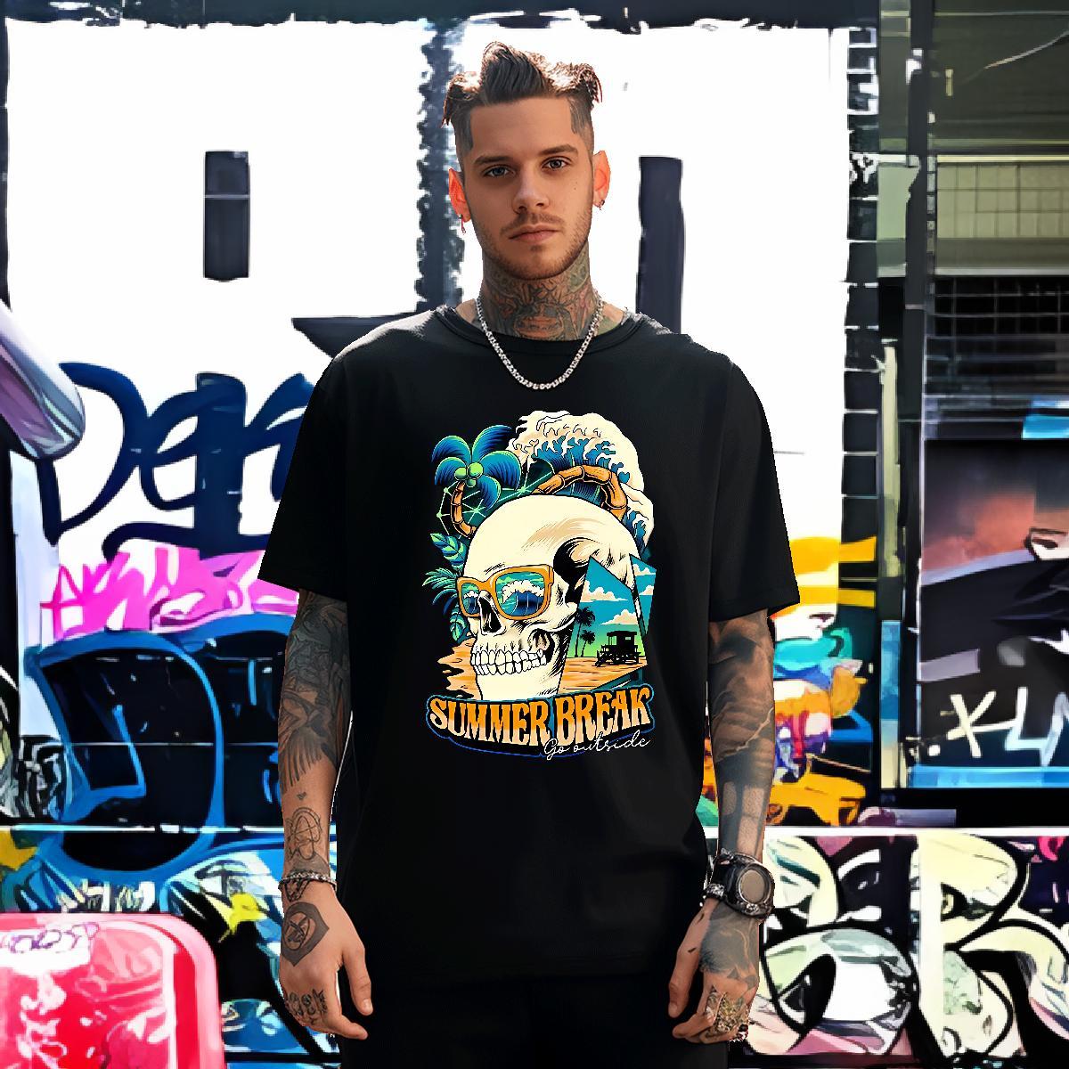 DIY Men T Shirts sea wave Tops Tees 230g 100% Cotton Outdoor High Quality White Plus Size Short Sleeve O-Neck Men Tees