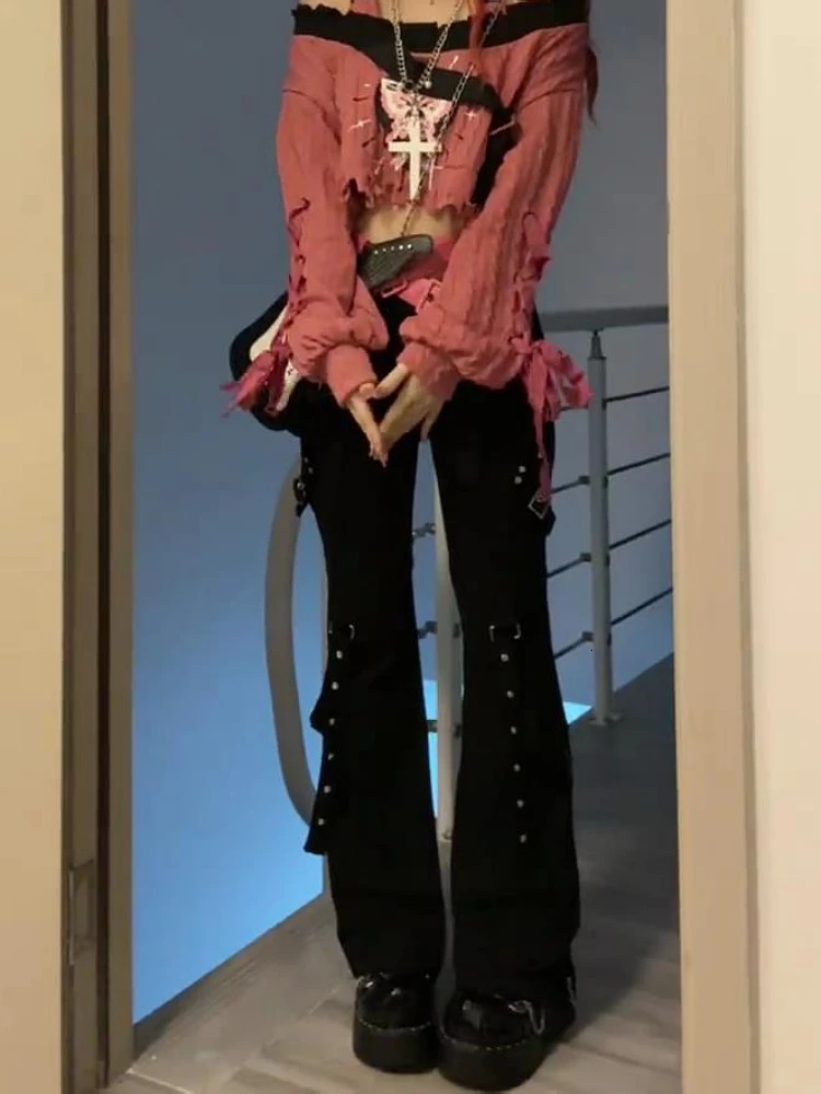 Woman Slim Trousers Stretch Jeans Denim Pants Low Waist Bell Bottoms Solid Color Low Waist Floor-Length Gyaru Bandage Y2k 240807
