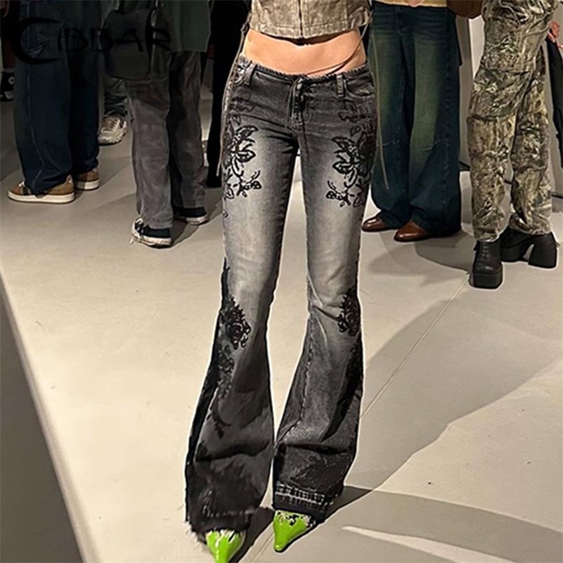 CIBBAR Streetwear y2k Flare Jeans Distressed 2000s Floral Print Low Rise Slim Denim Pants Korean Women Trousers Retro Mom Jeans 240806