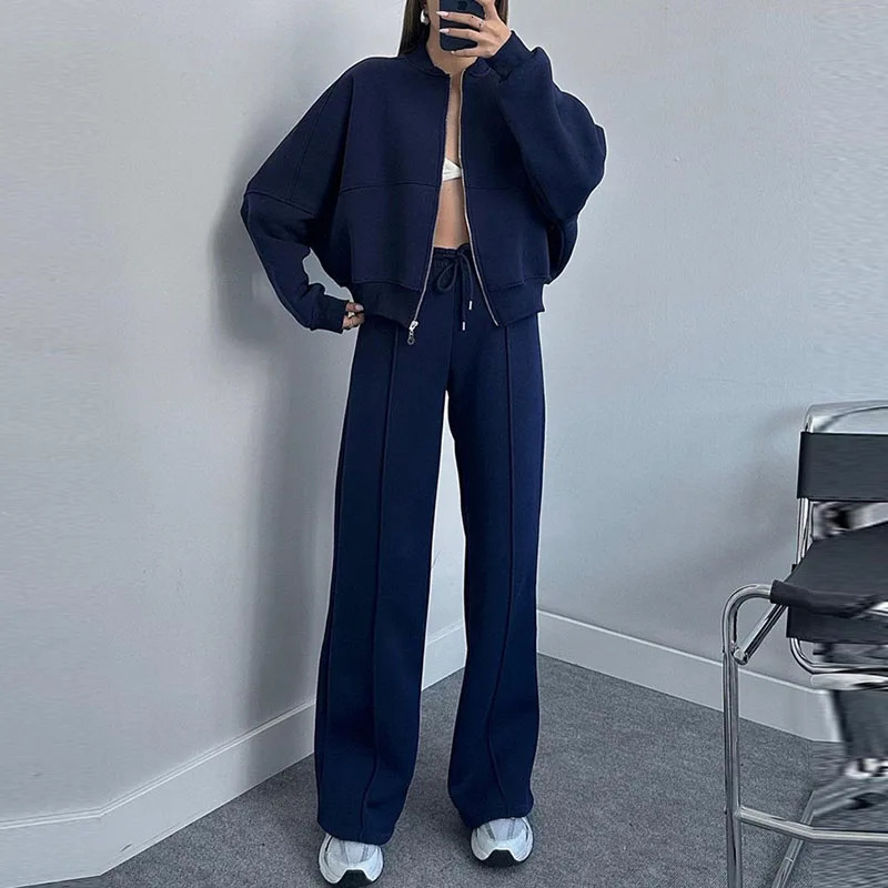 Autumn Winter Solid Loose Tracksuit Women Casual Zipper Sweatshirt Coat Laceup Pants Outfit Fashion Warm Two Piece Suit Sets 240808