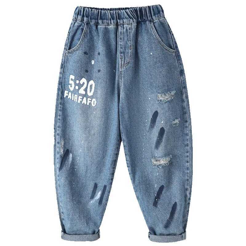 Jeans New Fashion Teen Girls Jeans For Spring Autumn Kids Printing Hole Elastic Waist Denim Harem Pants Child Casual Trousers 5-14Y