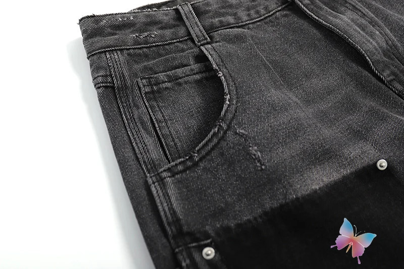 Hiphop Street 2XL Men Women Jeans Spliced Black Gray Wide Leg Straight Pants Tassel Cool Boy Cleanfit Washed Trousers 240806