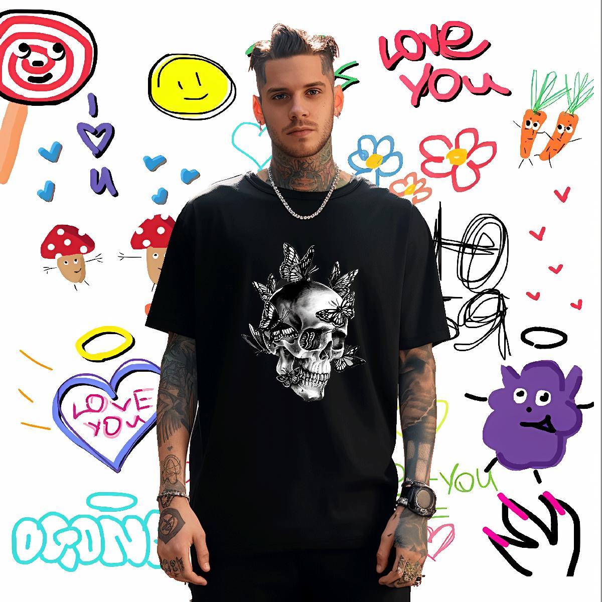 2024 DIY Men T Shirts skull Tops 230g Cotton Street Casual Free Shipping Custom Printed Breathable Crew Neck Men Clothes T-Shirt