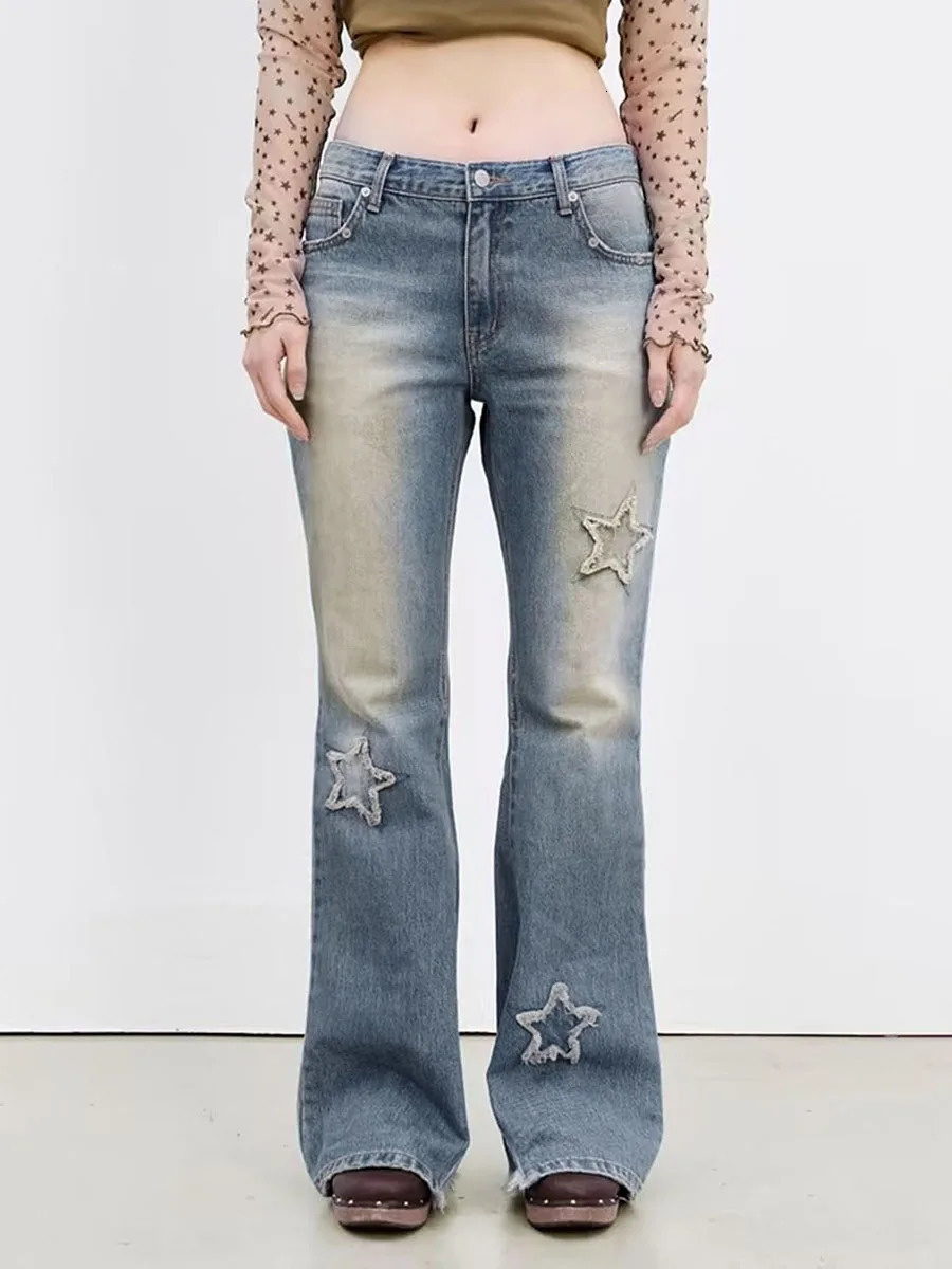 Women Flared Denim Pants Casual Star Pattern Bell Bottoms Jeans Bootcut Trousers Y2K Streetwear 240807