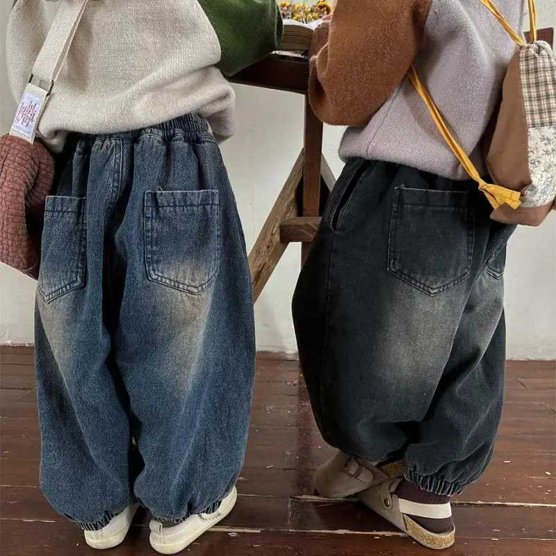 Jeans 1-7 Y Children Fashion Jeans Korean Boy Toddler Wear Girl Denim Wide Legged Trousers 2024 Spring New Girl Retro Lantern Pants