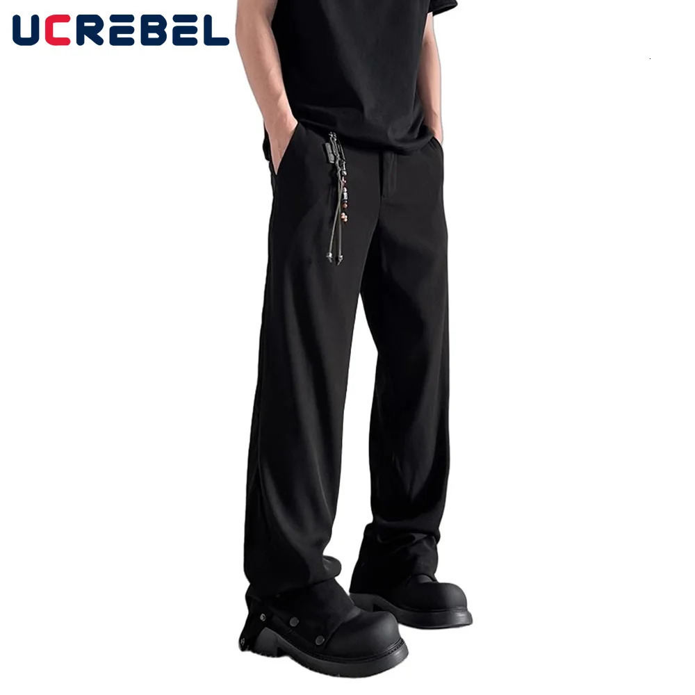 side Breasted Solid Color Suit pants Mens High Street Straight Loose Flare Men Trousers 240806