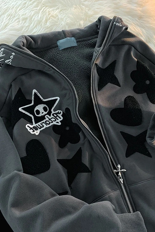 Y2k Zipper Hoodie Womens Harajuku Kawaii Embroidery Hooded Sweatshirt Fashion Casual Oversized Jacket Coat Cute Clothes 240806