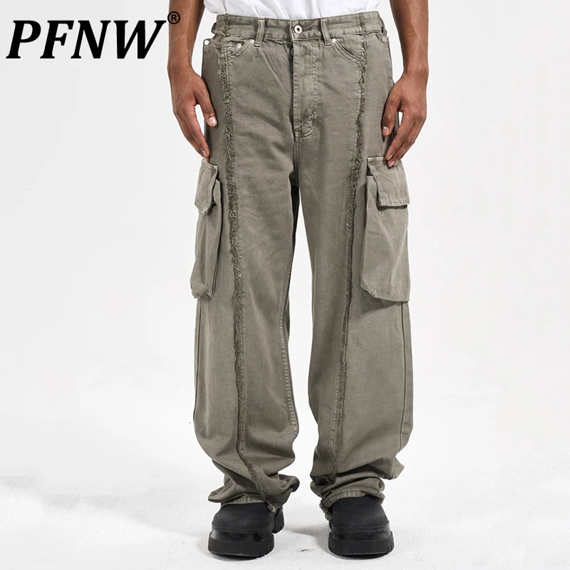 PFNW Functional Style Mens Pants Tassel Wornout Washed Straight Big Pockets Loose Wide Leg Male Cargo Bottom 12C612 240806