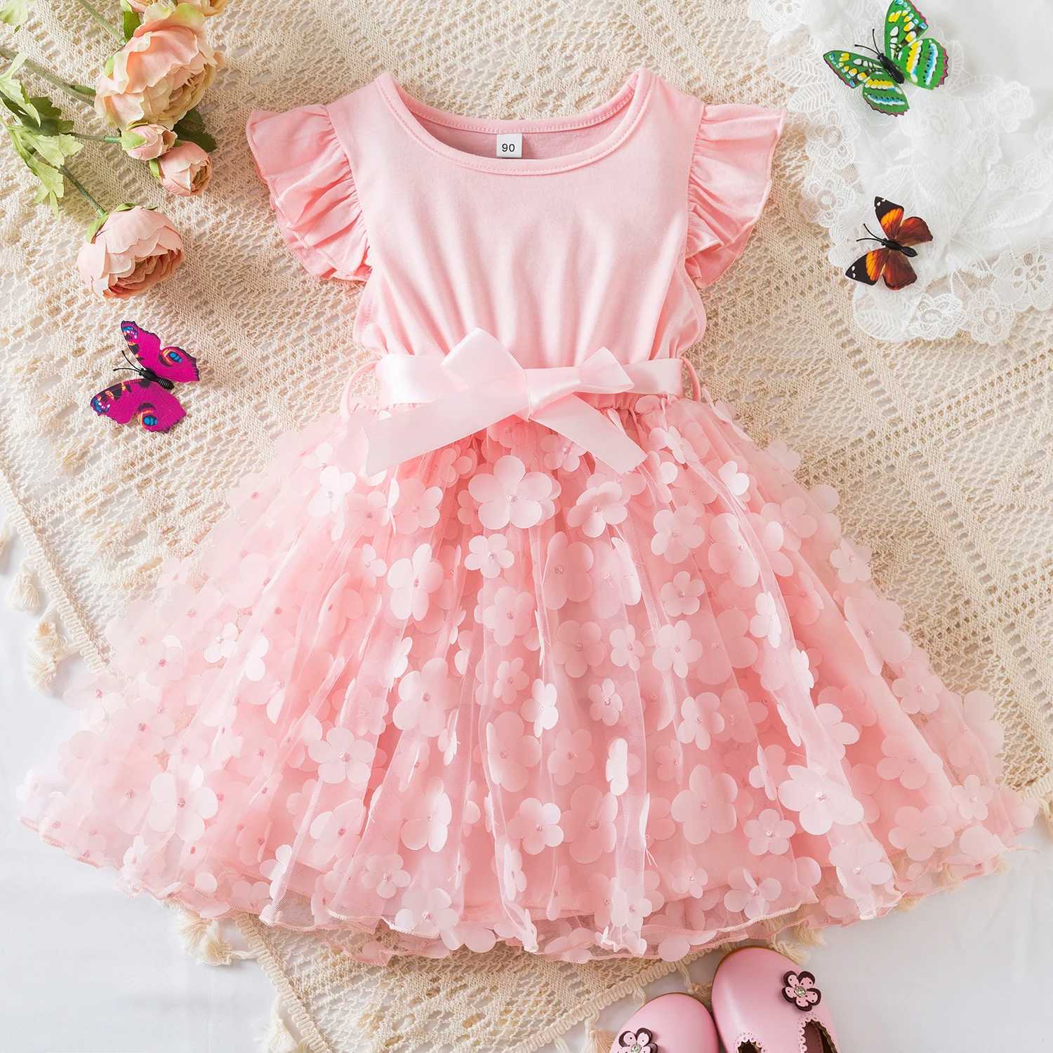 Summer 3D floral grid ruffled sleeves for children aged 1-5 girls birthday parties princess dresses Tutu cute baby clothingW240720