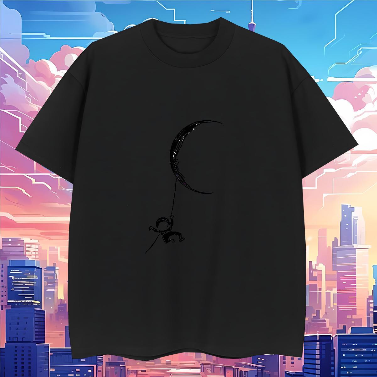 Classic Casual T-Shirts for Men moon Top Tees 100% Cotton 230g Spring Summer Comfortable Cartoon Print Short Sleeve O-Neck Men Tops Tees