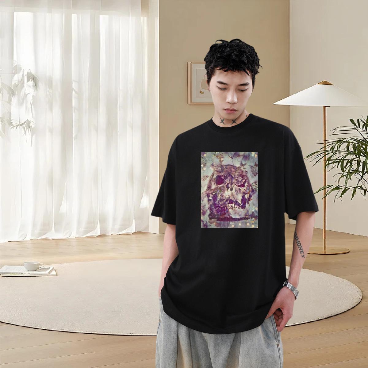 Fashion T shirt skull Top Tees 230g Pure Cotton Street Casual Loose DIY Anime Breathable Men Tees