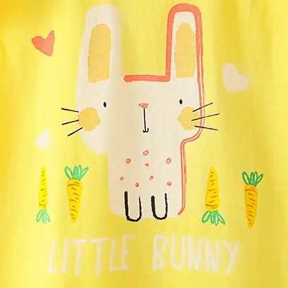 Baby girl yellow white rabbit eating carrot cartoon printed T-shirt summer short sleeved T-shirt casual and comfortableW240718