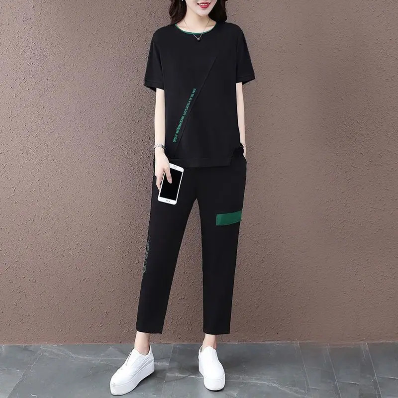 One-Piece/Set Women Summer Cotton T-Shirt Top Two-Piece Casual Sports Suit Female Loose Nine-Point Pants L773 240807