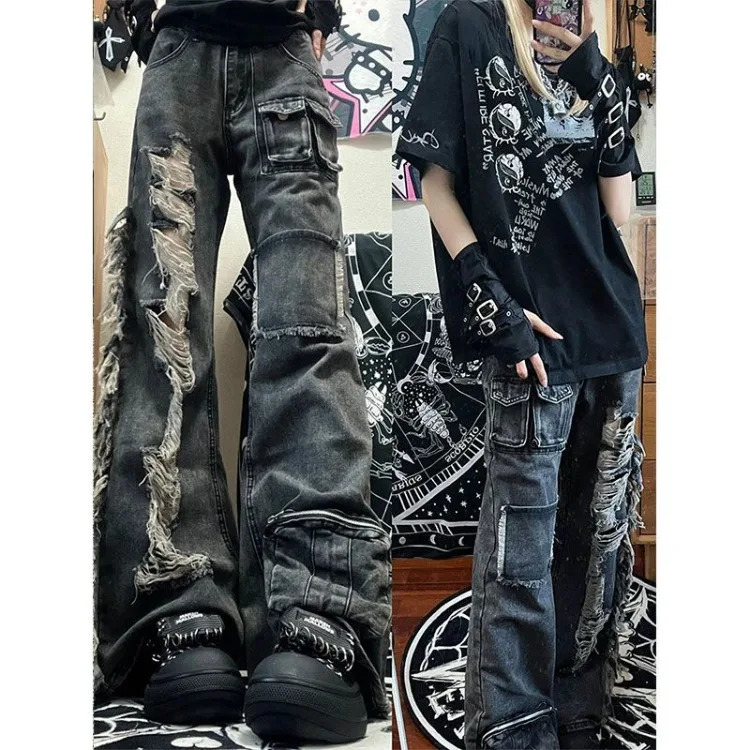 American Heavy Hole Denim Cargo Pants Y2k E-Girl High Waist Street Straight Trousers Summer Loose Bell Bottom Jeans 240807