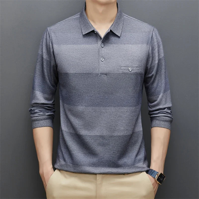 Mens Casual Stripe Plaid Long Sleeve Polo Shirt Fashion Solid Polo Top o240814