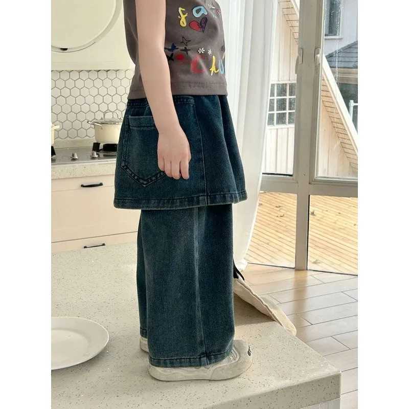 Jeans Girls Jeans Korean Straight Leg Trousers Boys Fake Two-piece Long Pants Girls Fashionable Handsome Kid Childrens Gray Culottes
