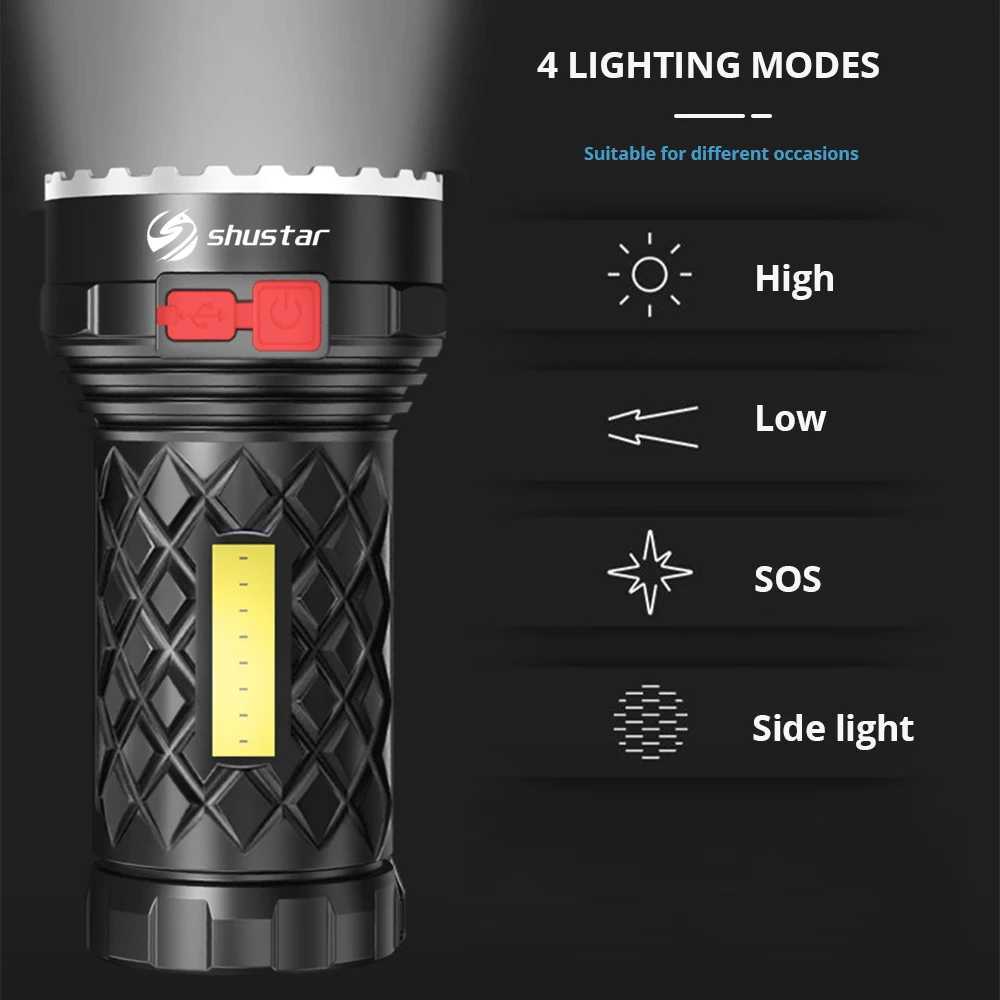Super Bright Flashlight Ultra Powerful Led Torch Light Rechargeable COB Side Light 4 Modes Outdoor Adventure 3 In 1 Flashlight Y240731