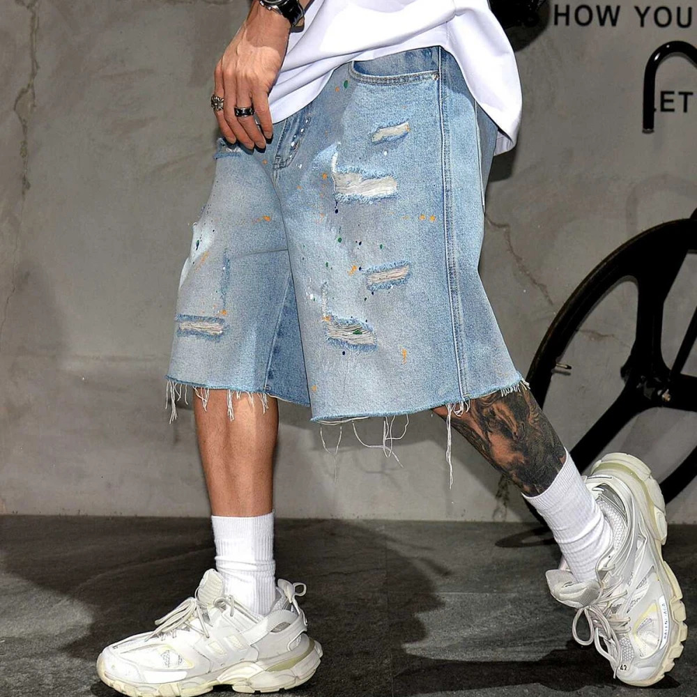 American Streetwear Ripped Denim Shorts For Men Korean Fashion Baggy Jorts Kpop Blue Shorts Summer Trend Skateboard Pants Male 240806