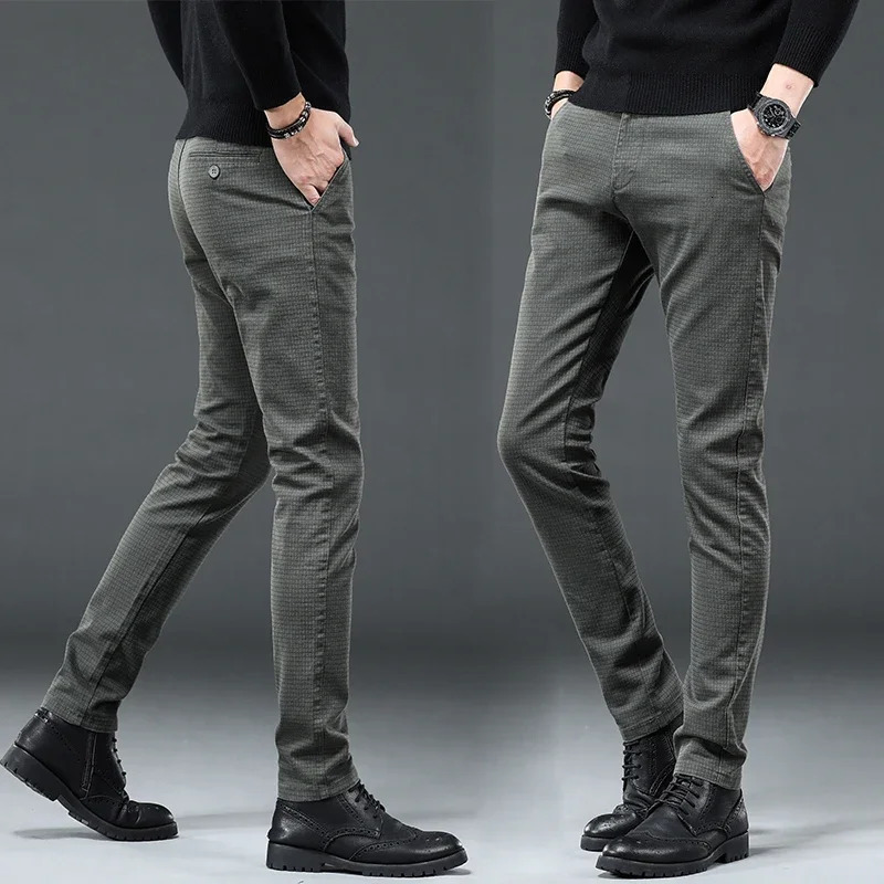 KUBRO Mens Clothing Off White England Man Pants Fashion Stretch Casual Trousers Business Slim Fit Male Plaid 240806