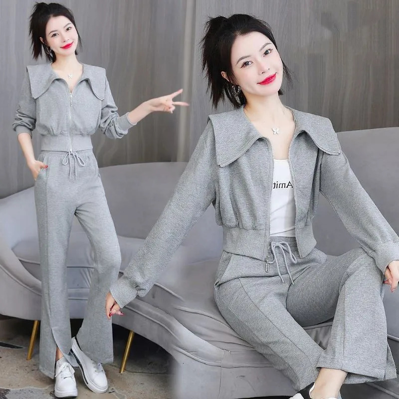 Fashion suit autumn style temperament doll collar cardigan top casual sports pants two-piece set 240807