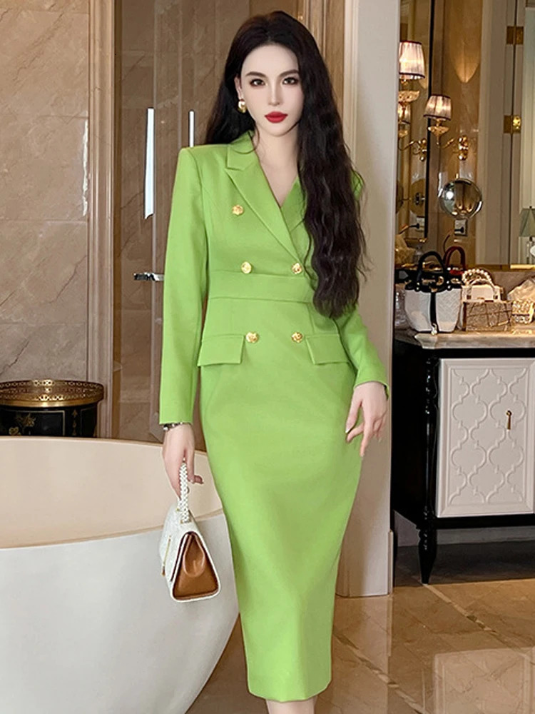 Womens Style Midi Dress Woman Professional Shoulder Pad Double Breasted Slim Robe Business Office Lady Vestidos 240806