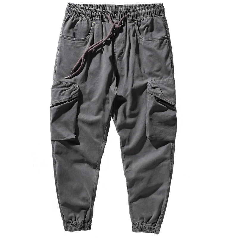 Military Retro Woven Tooling Pants Mens Fashion Pure Cotton Washed Old Casual Elastic Waist Drawstring Loose Multi Pocket 240806