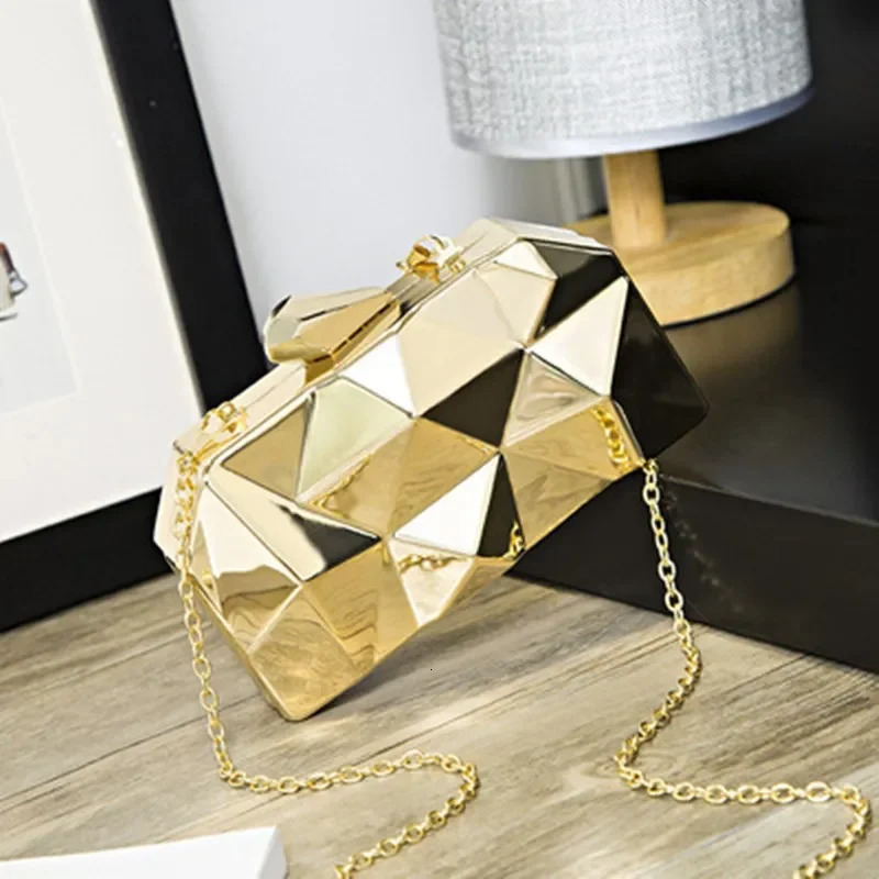 Womens Geometric Evening Bag Clutch Golden Acrylic Box Agent Chain Party Shoulder WeddingDate 240806Z