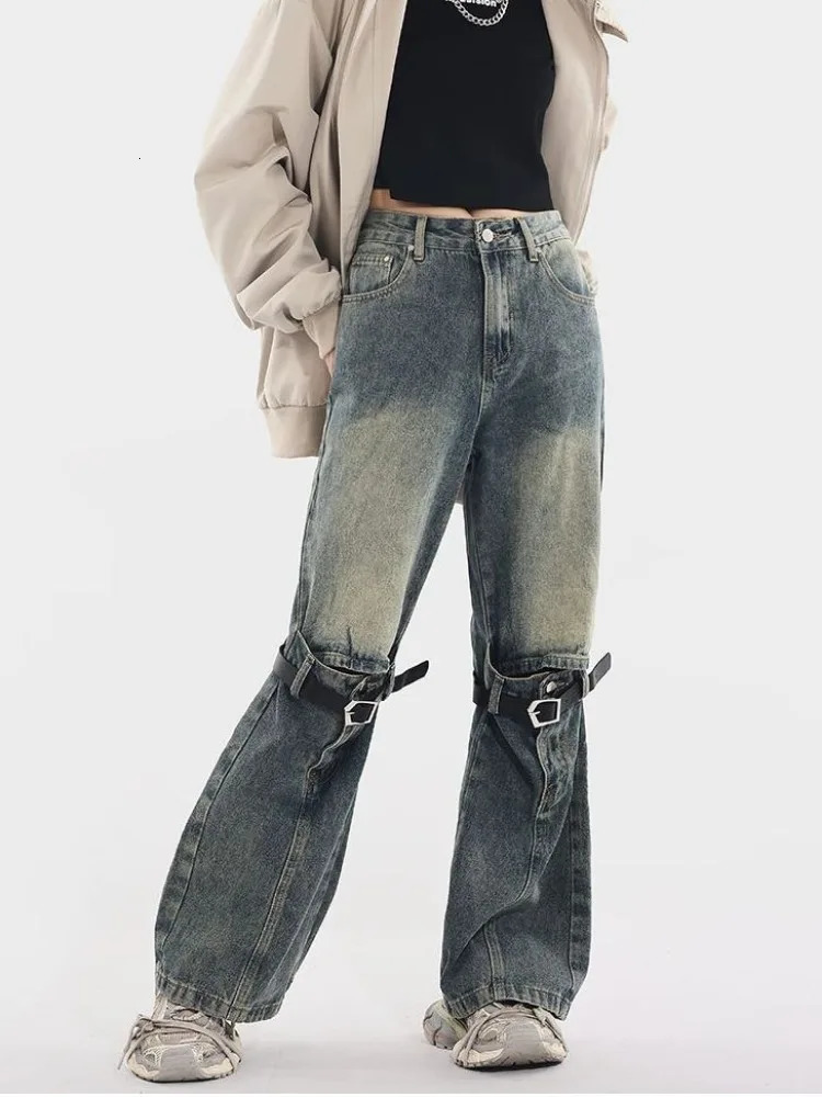 American Retro Washed Bell Bottom Jeans Y2k Grunge High Waist Loose Denim Pants Straight Wide Leg Women 240807