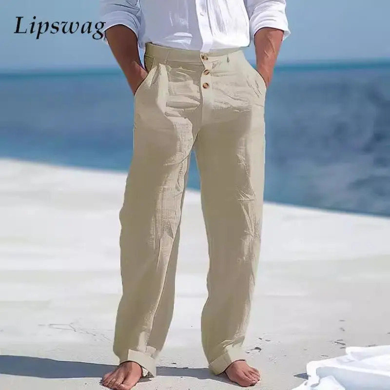 Autumn Vintage Buttonup Cotton Linen Pants Men Solid Color Loose Straight For Mens Seaside Beach Style Casual Male 240806