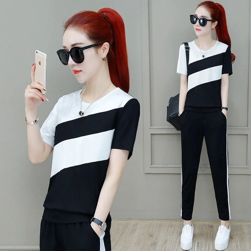 Womens Sports Suit Spring Summer Korean Loose Short Sleeve Tops And Pants Two Piece Set Student Casual Running Outfits 240807