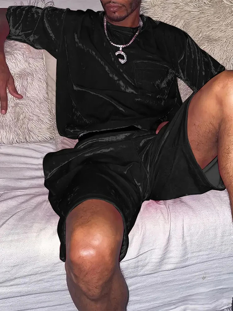 Fashionable Mens Velvet Outfits Summer Casual Solid Color O Neck Short Sleeve T Shirt And Shorts Suits Men Hip Hop Two Piece Set 240806