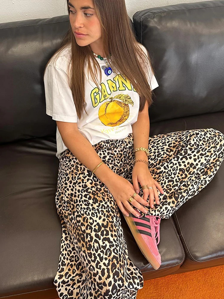 Vintage Leopard Print Pants Women Casual Loose Lace Up Wide Leg Trousers Female Summer Fashion All-match Lady Streetwear 240807