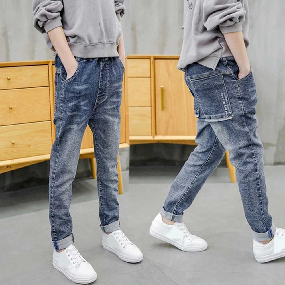 Jeans New Kids Jeans Young Boy Casual Trousers Baby Boys Cowboy Pant Children Denim Long Pants Elastic Waist Pants 4 6 8 10 11Years