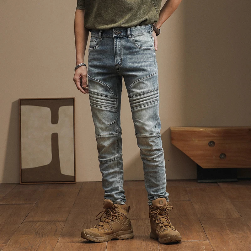 American highend trend Slim personality craft splicing biker small leg pants vintage mens jeans distortion denim 240806