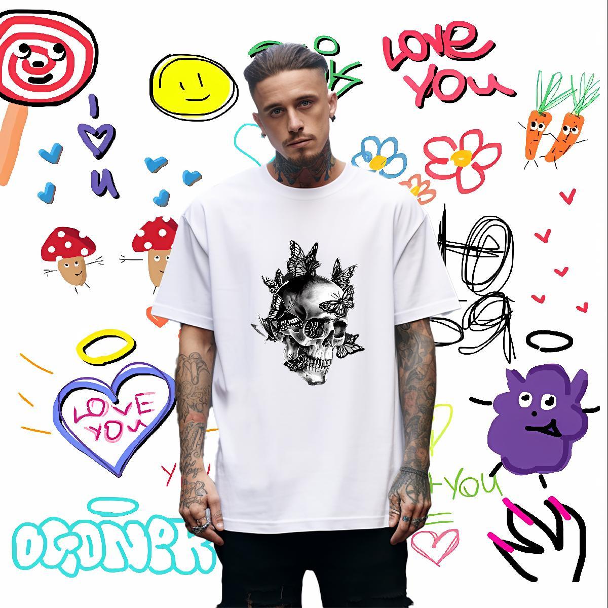 2024 DIY Men T Shirts skull Tops 230g Cotton Street Casual Free Shipping Custom Printed Breathable Crew Neck Men Clothes T-Shirt