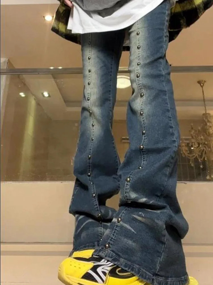 Y2k Rivet Bell Bottom Woman Denim Pants Slim High Waist Pant Streetwear Jeans Autumn Female Zipper Hip Hop Long Trourse 240807