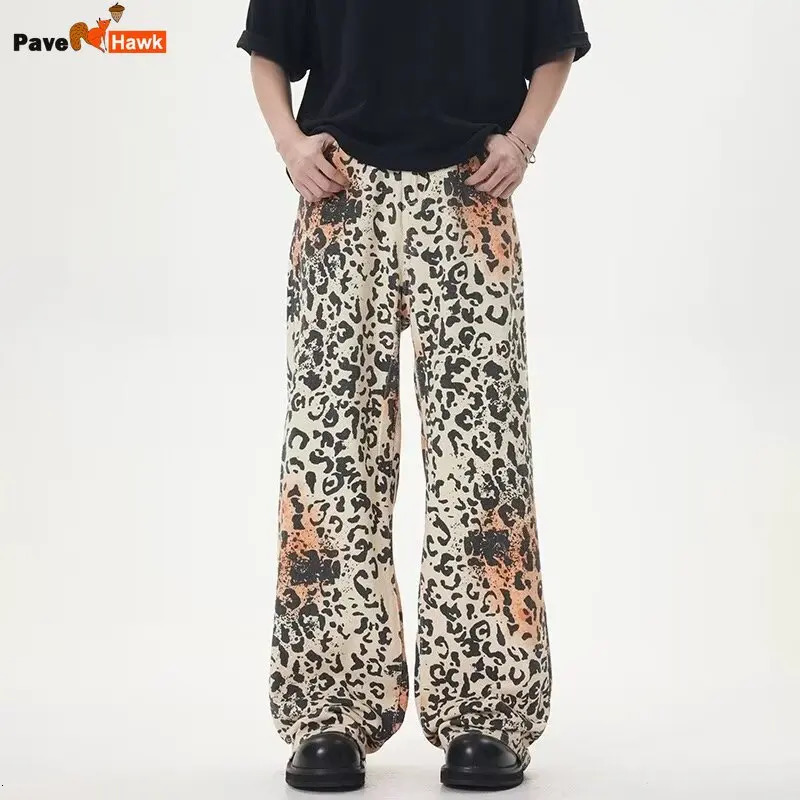 High Street Retro Jeans Mens Washed Old Leopard Print Full Cowboy Trousers Hip Hop Straight Wide Leg Denim Overalls Summer 240806