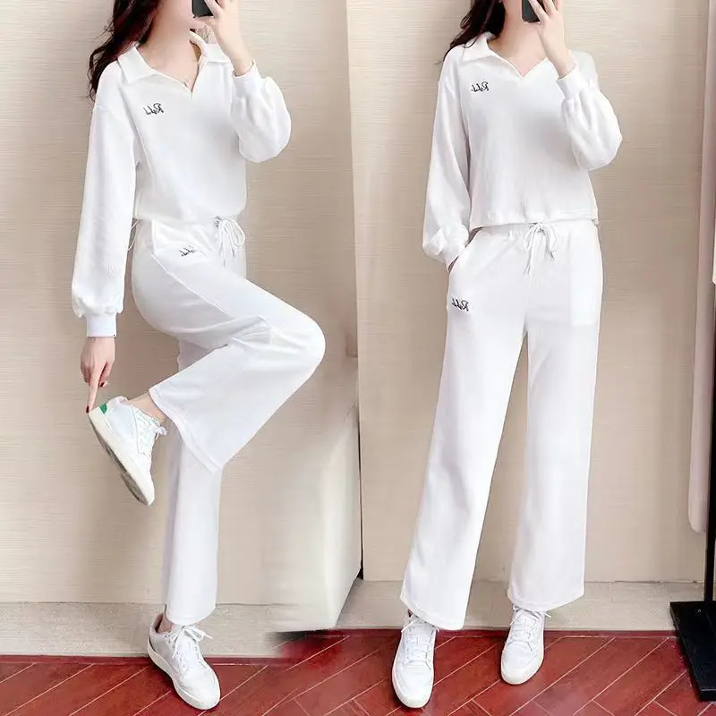 Casual Sports Suit For Women Spring Autumn Fashion Height And Slimming High-end Tops And Wide Leg Pants 2 Two Piece Set 240807