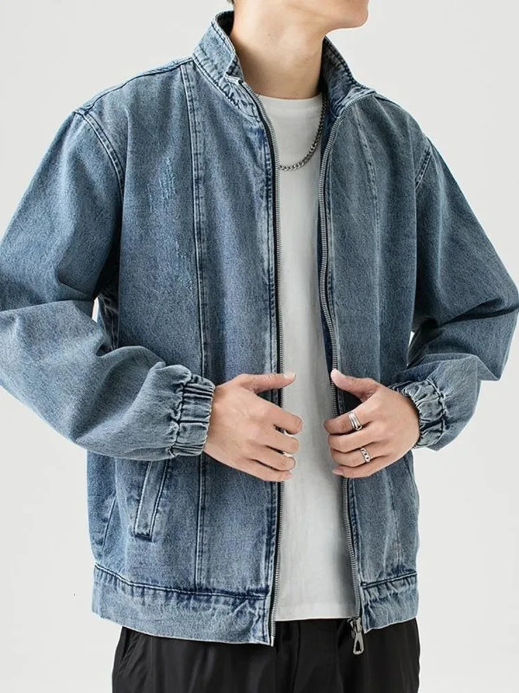 Stand up collar denim jacket mens casual autumn zipper closed loose pocket blue retro fashion clothing 240806