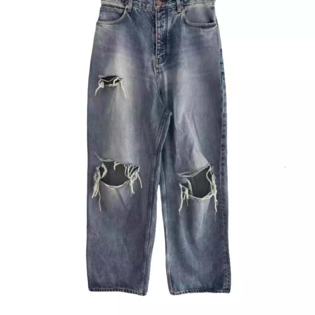 Firmranch Blue Baggy Ripped Jeans For Men Women Oversized Worn Denim Pants Big Broken Hole On Knee Streetwear Trousers 240806