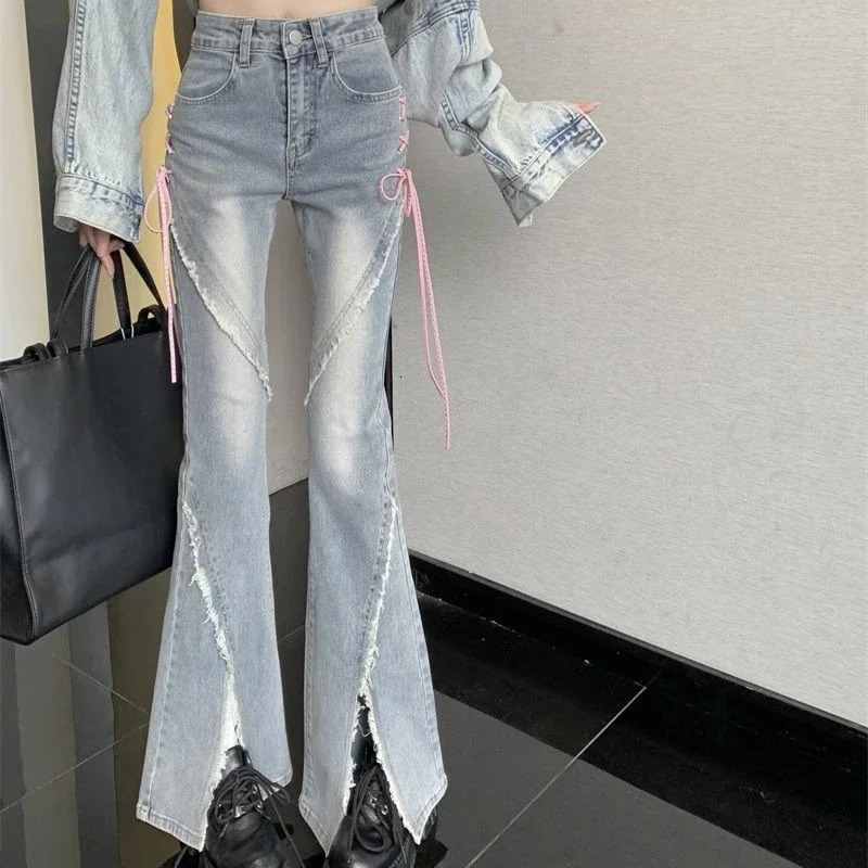 Woman High Waist Y2k Flare Jeans Girls Pink Strap Harajuku Bell Bottom Pants Lady Fashion Spliced Light Blue Denim Trousers 240807