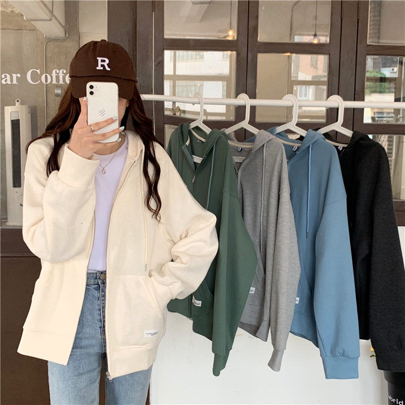 Spring and autumn loose zippered long sleeved for Korean version solid color hooded hoodie, student women's cardigan small jacket